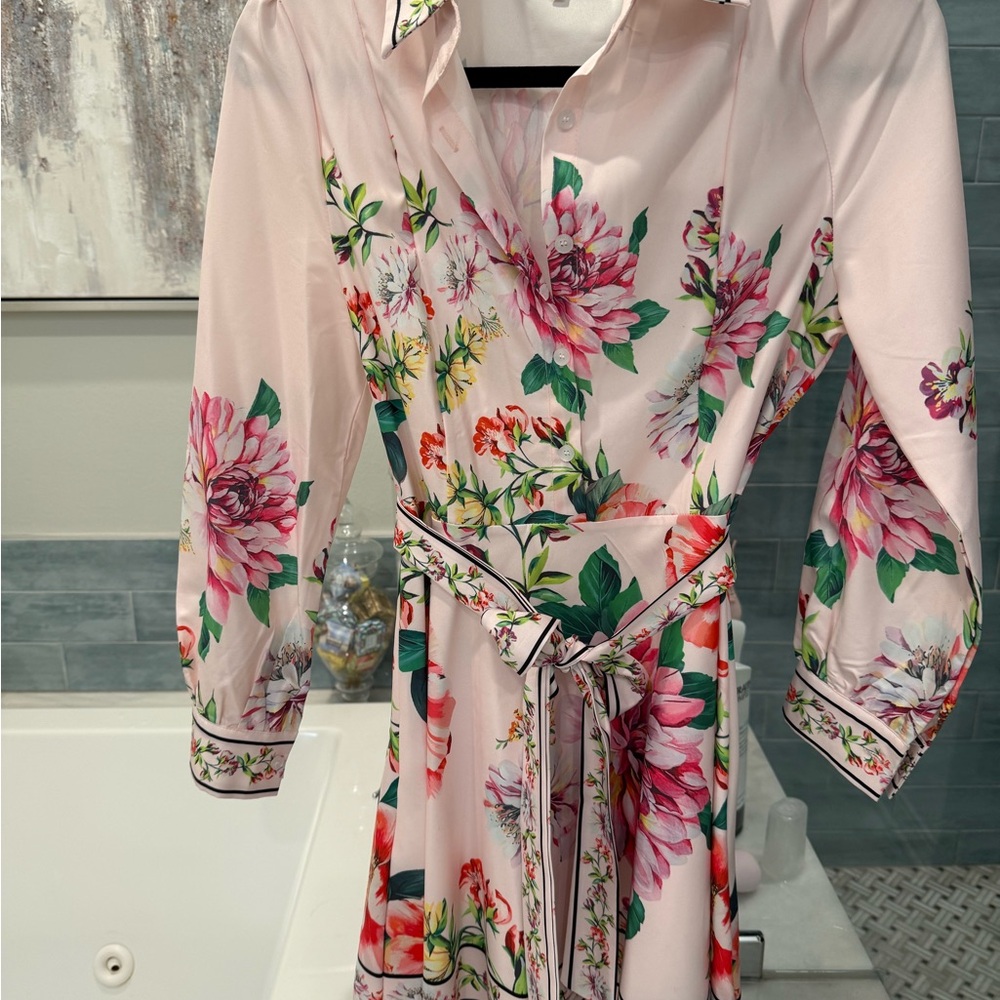 Floral Tie-Waist Long Sleeve Mini Dress - Pink Floral - Picture 3 of 4